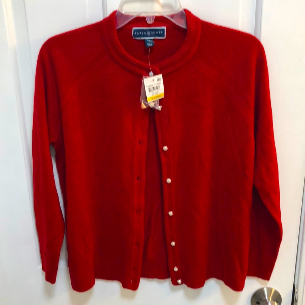 Beautiful red Karen Scott cardigan sweater with pearl buttons petite medium